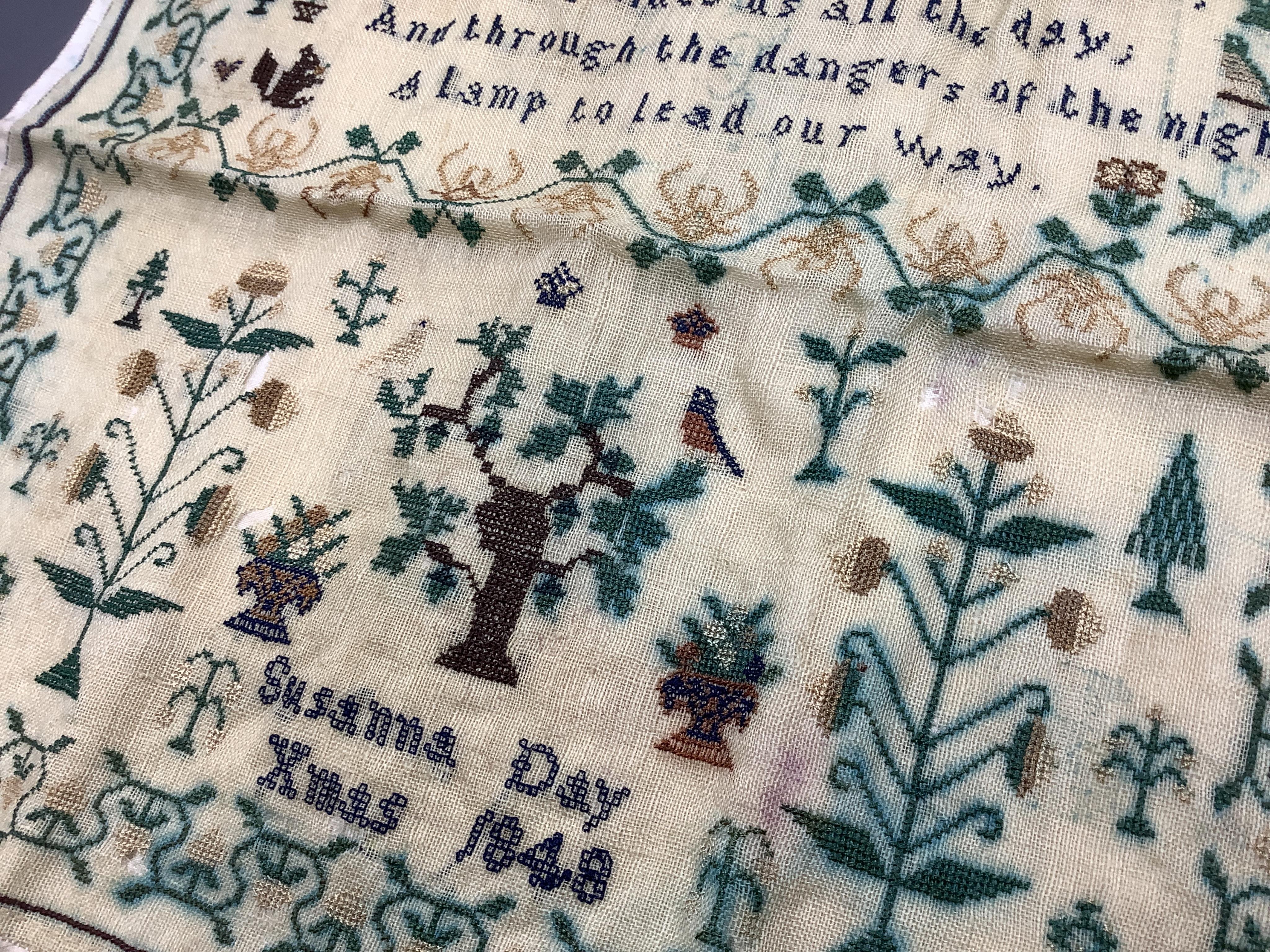 Two unframed large samplers, by Susanna and Ann Elizabeth Day, (sisters) both dated 1848. Two other unframed simpler alphabet samplers both by Florence Emily Day, dated 1876 and 1878. (4)